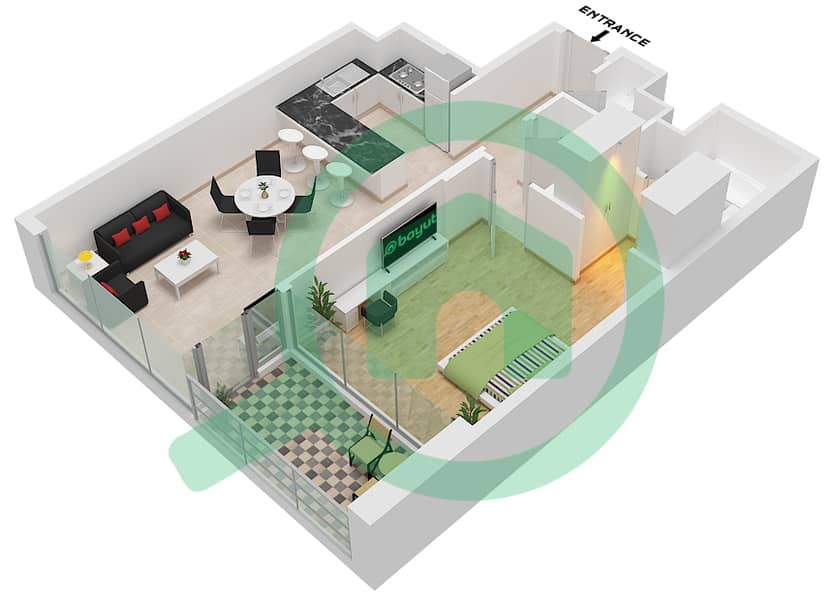 المخططات الطابقية لتصميم النموذج A-1 شقة 1 غرفة نوم - ذا باي ريزيدنس Type A-1 interactive3D