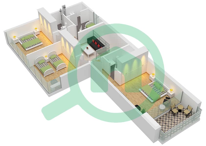 海湾公寓 - 3 卧室联排别墅类型B(DUPLEX)戶型图 Type B(Duplex) Floor Upper interactive3D