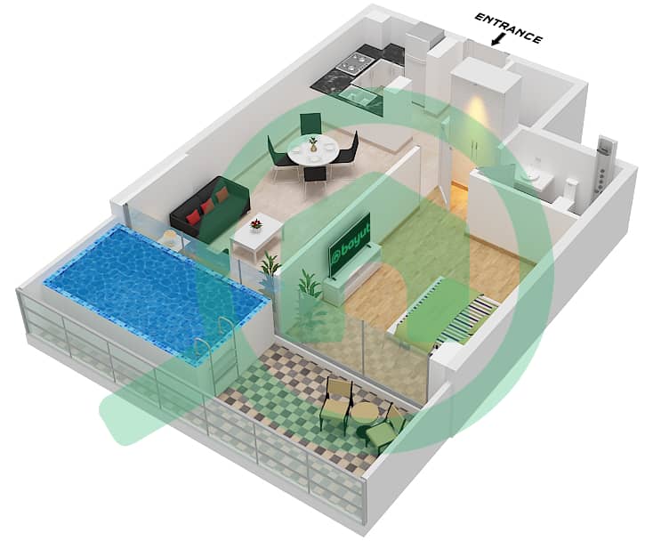المخططات الطابقية لتصميم النموذج A شقة 1 غرفة نوم - سمانا آيفي جاردنز 2 Type A interactive3D
