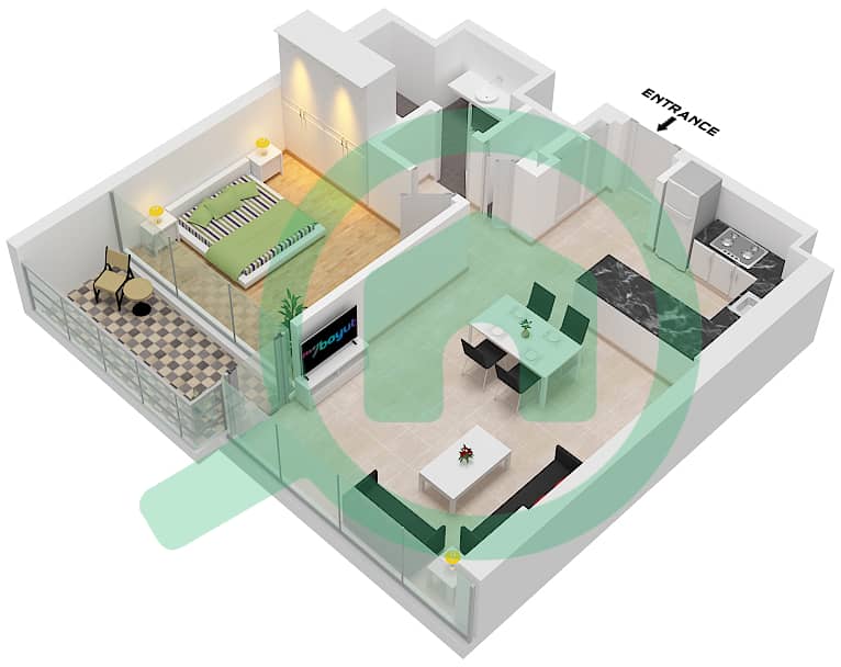 المخططات الطابقية لتصميم النموذج A شقة 1 غرفة نوم - غروف غاليري فيوز Type A interactive3D