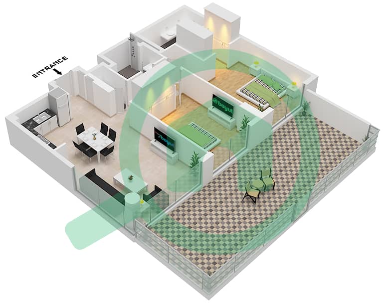 常春藤公寓大楼 - 2 卧室公寓类型／单位B1 /  UNIT !5戶型图 Type B1 Unit 15 Floor 1 interactive3D