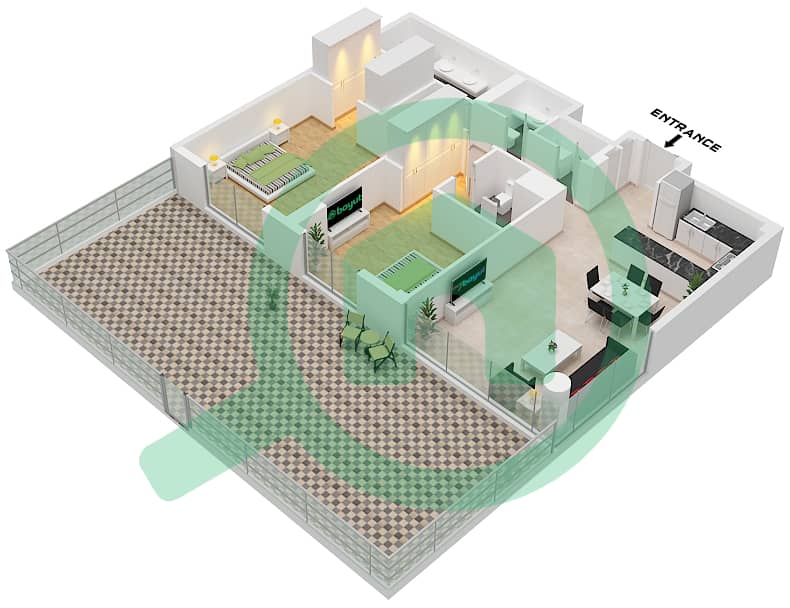 常春藤公寓大楼 - 2 卧室公寓类型／单位D1 / UNIT 1戶型图 Type D1 Unit 1 Floor 1 interactive3D