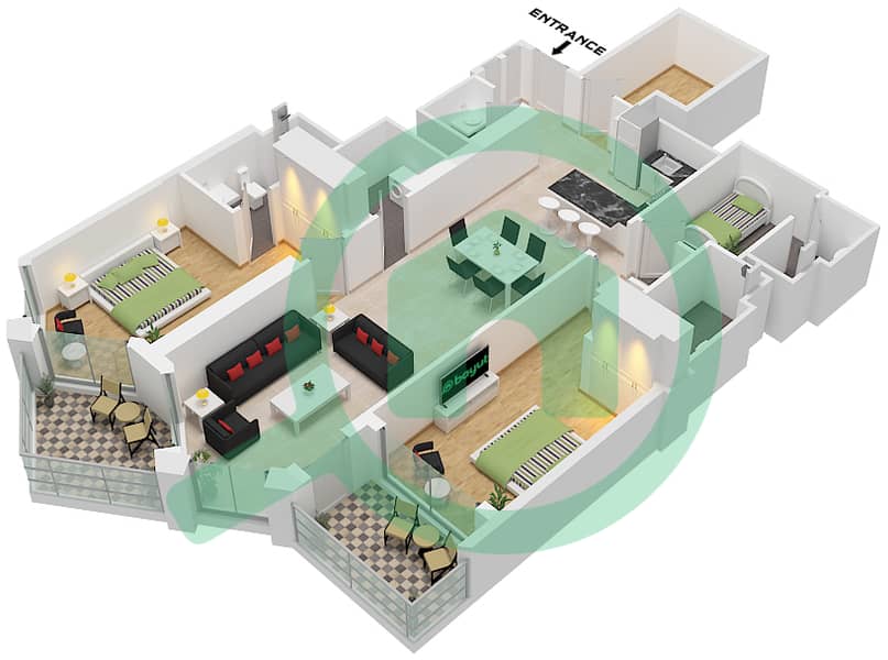 丰裕海浪小区 - 2 卧室公寓类型／单位D/ UNIT 1戶型图 Type D Unit 1 Floor 10-19,22-33 interactive3D