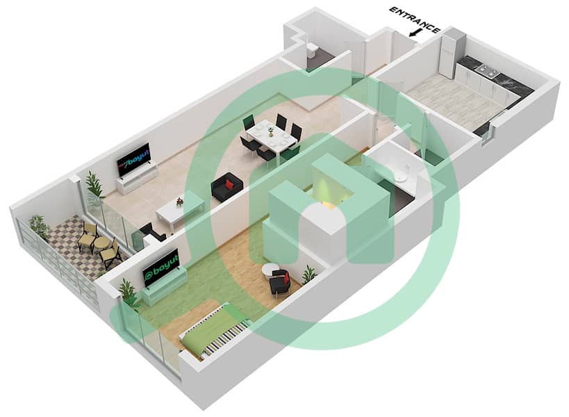 三重奏大楼 - 1 卧室公寓类型D戶型图 Type D interactive3D