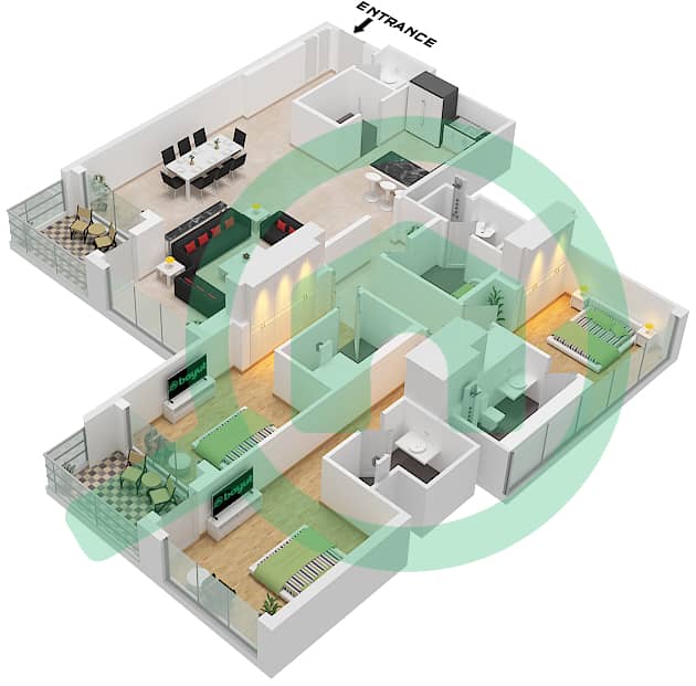 Вейвс Опулэнс - Апартамент 3 Cпальни планировка Тип/мера C / UNIT 5 Type C Unit 5 Floor 10-19,22-33 interactive3D