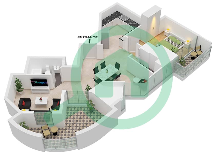 المخططات الطابقية لتصميم النموذج B شقة 1 غرفة نوم - بوابة دبي الجديدة 1 Type B interactive3D