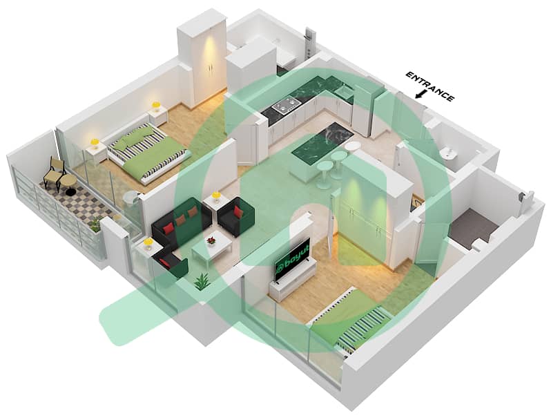 Аура - Апартамент 2 Cпальни планировка Тип C1 FLOOR 2-14 Type C1 Floor 2-14 interactive3D