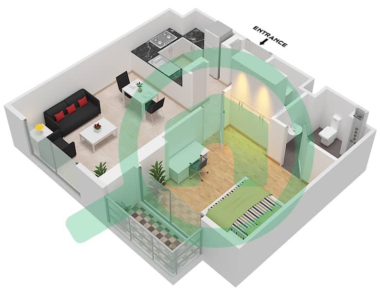 阿尔泰大楼 - 1 卧室公寓类型／单位5 / UNIT 2 FLOOR 2-13戶型图 Type 5 Unit 2 Floor 2-13,15-25 interactive3D