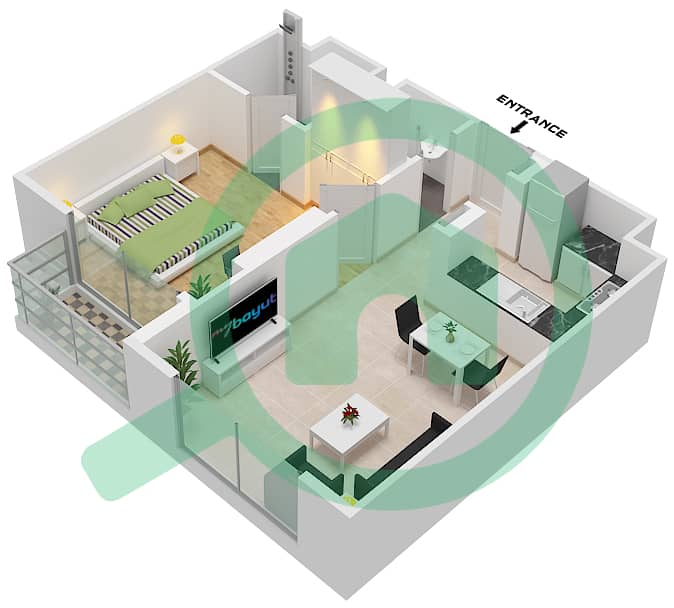 阿尔泰大楼 - 1 卧室公寓类型／单位6 / UNIT 7 FLOOR 2-13戶型图 6 Unit 7 Floor 2-13,15-25 interactive3D
