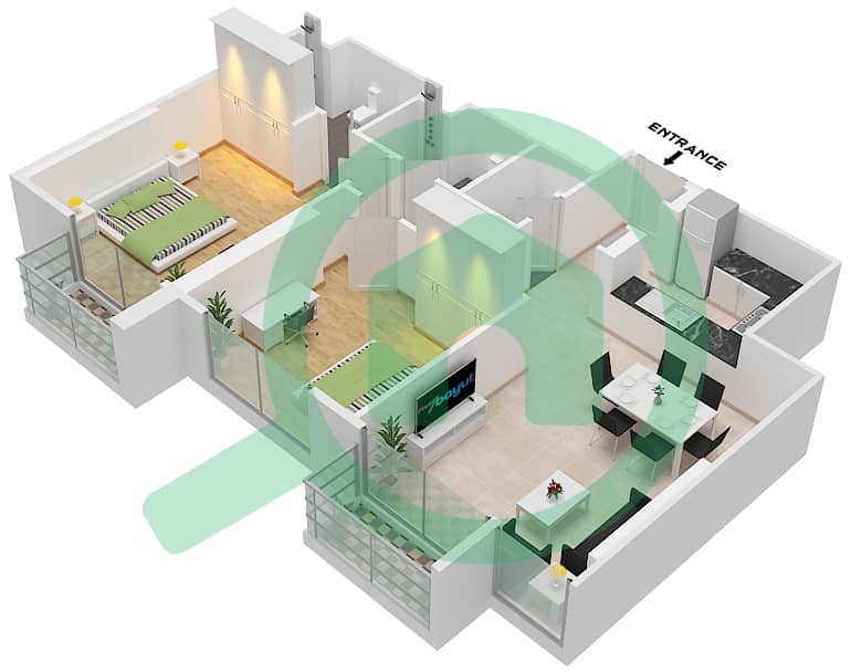阿尔泰大楼 - 2 卧室公寓类型／单位3 / UNIT 1 FLOOR 2-13戶型图 Type 3 Unit 1 Floor 2-13,15-25 interactive3D