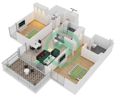المخططات الطابقية لتصميم التصميم 6 شقة 2 غرفة نوم - 29 بوليفارد 1