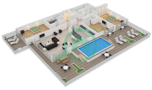 المخططات الطابقية لتصميم الوحدة D7 شقة 3 غرف نوم - كمبينسكي نخلة جميرا