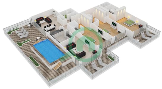 المخططات الطابقية لتصميم الوحدة D6 شقة 3 غرف نوم - كمبينسكي نخلة جميرا