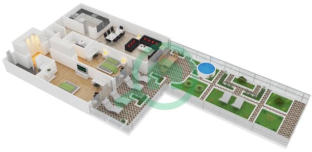 المخططات الطابقية لتصميم الوحدة A6 شقة 2 غرفة نوم - كمبينسكي نخلة جميرا
