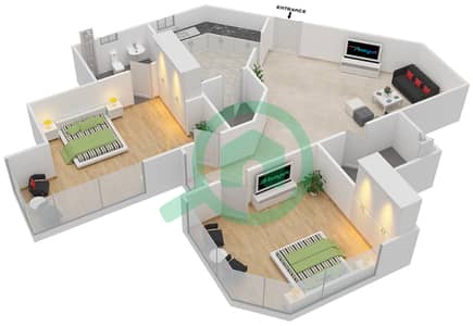 المخططات الطابقية لتصميم الوحدة 11,4 شقة 2 غرفة نوم - بوابة دبي الجديدة 2