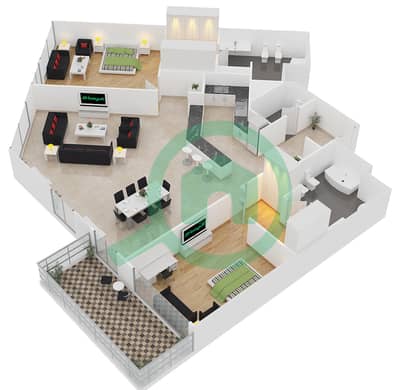 المخططات الطابقية لتصميم النموذج D5/FLOOR 1 شقة 2 غرفة نوم - مساكن أمواج الملكية