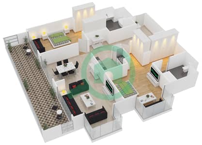 المخططات الطابقية لتصميم النموذج D1 شقة 2 غرفة نوم - مساكن أمواج الملكية
