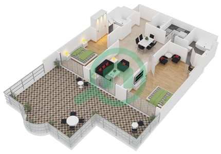 المخططات الطابقية لتصميم النموذج 2A/GROUND FLOOR شقة 2 غرفة نوم - مساكن أمواج الملكية