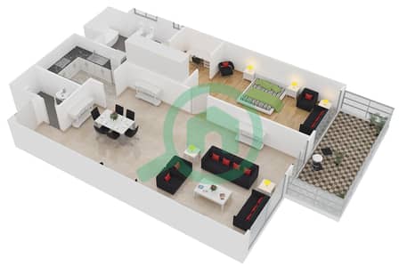 المخططات الطابقية لتصميم النموذج D4/FLOOR 2-7 شقة 1 غرفة نوم - مساكن أمواج الملكية
