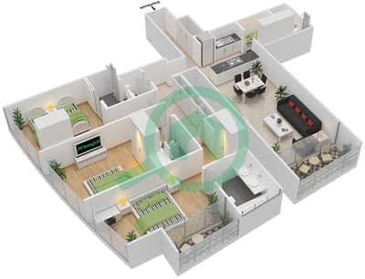 المخططات الطابقية لتصميم النموذج S3B شقة 3 غرف نوم - برج جميرا جيت 2