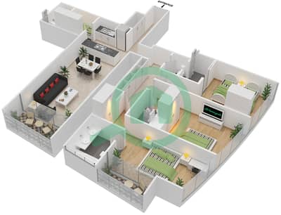 المخططات الطابقية لتصميم النموذج R3B شقة 3 غرف نوم - برج جميرا جيت 1