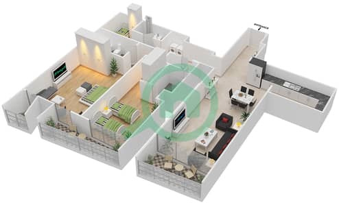 المخططات الطابقية لتصميم النموذج S2D شقة 2 غرفة نوم - برج جميرا جيت 2