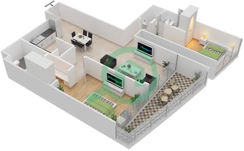 المخططات الطابقية لتصميم النموذج R2E شقة 2 غرفة نوم - برج جميرا جيت 1