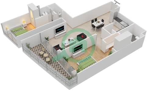 المخططات الطابقية لتصميم النموذج S2E شقة 2 غرفة نوم - برج جميرا جيت 2