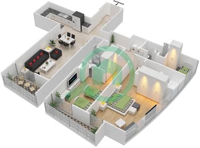 المخططات الطابقية لتصميم النموذج R2A شقة 2 غرفة نوم - برج جميرا جيت 1