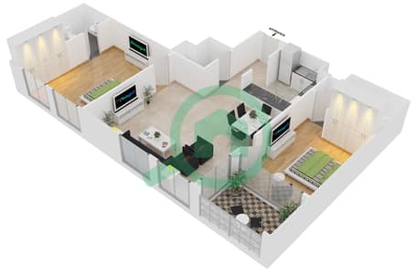 المخططات الطابقية لتصميم الوحدة 1 شقة 2 غرفة نوم - مساكن مسار