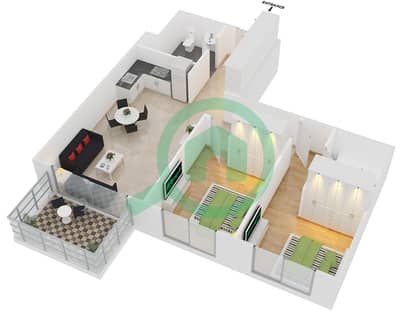 المخططات الطابقية لتصميم الوحدة R-04 شقة 2 غرفة نوم - نايتس بريدج كورت