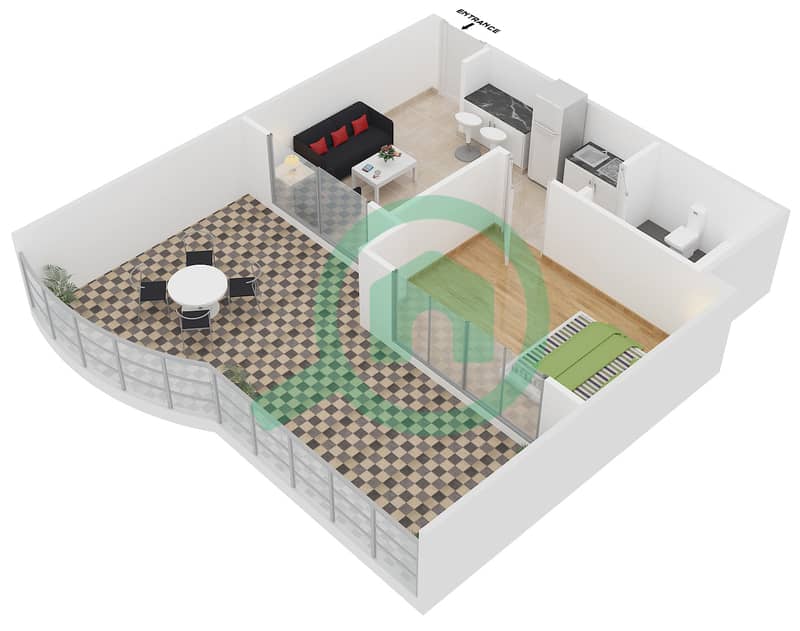 المخططات الطابقية لتصميم الوحدة R-20 شقة 1 غرفة نوم - نايتس بريدج كورت image3D