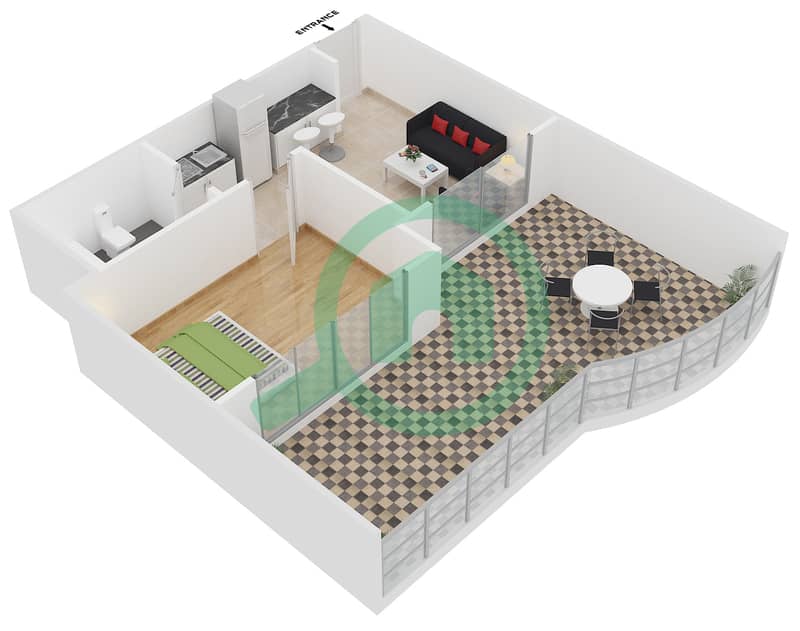 المخططات الطابقية لتصميم الوحدة R-16 شقة 1 غرفة نوم - نايتس بريدج كورت image3D