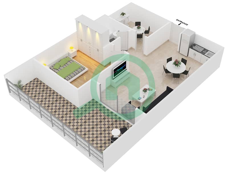 المخططات الطابقية لتصميم الوحدة G-17 شقة 1 غرفة نوم - نايتس بريدج كورت image3D