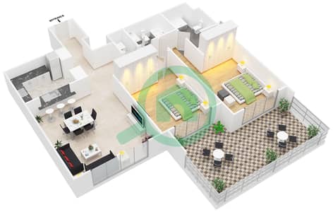 المخططات الطابقية لتصميم التصميم 9 FLOOR 2 شقة 2 غرفة نوم - بوليفارد سنترال 2