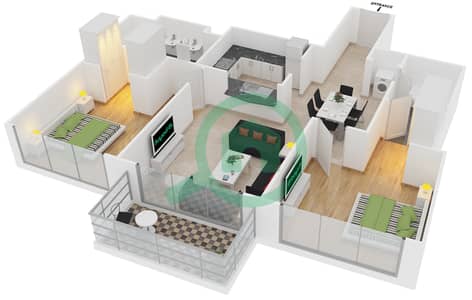 驻足1号大厦 - 2 卧室公寓套房16 FLOOR 2-4戶型图