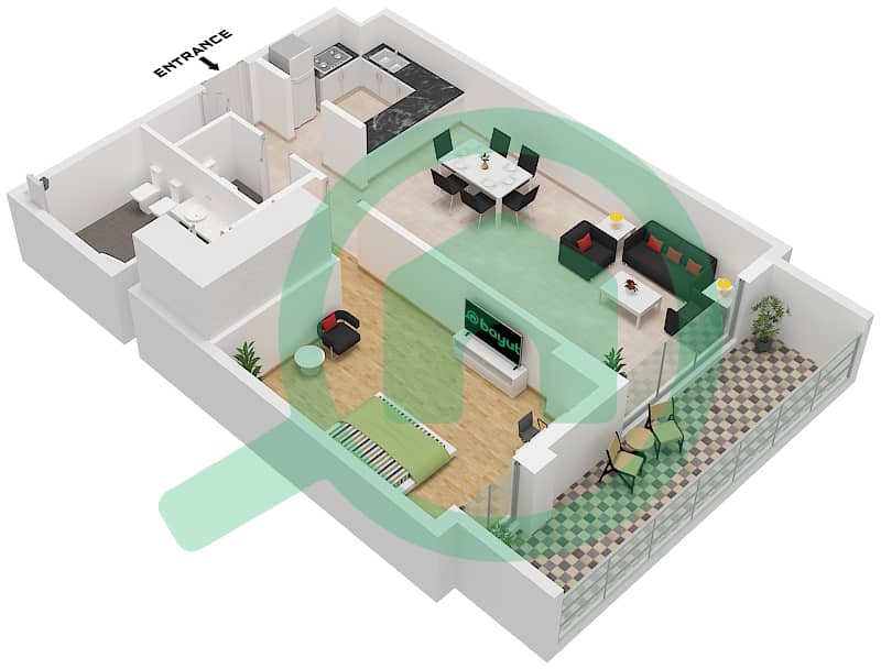 大道公寓6号 - 1 卧室公寓单位4 FLOOR 1戶型图 Unit 4 Floor 1 interactive3D