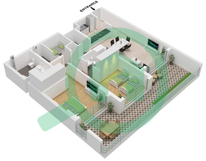 المخططات الطابقية لتصميم الوحدة 8 FLOOR 1 شقة 2 غرفة نوم - أفينيو ريزيدنس 6 Unit 8 Floor 1 interactive3D