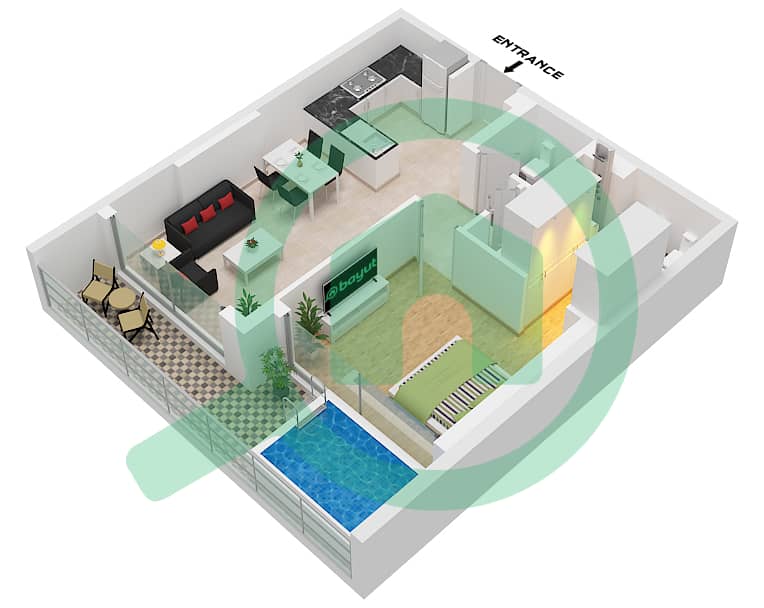 萨马纳浪潮2号公寓大楼 - 1 卧室公寓单位07戶型图 Unit 07 Floor 13 interactive3D