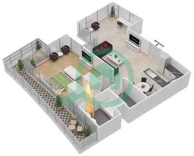 المخططات الطابقية لتصميم النموذج 2 شقة 1 غرفة نوم - اوشن سكيب