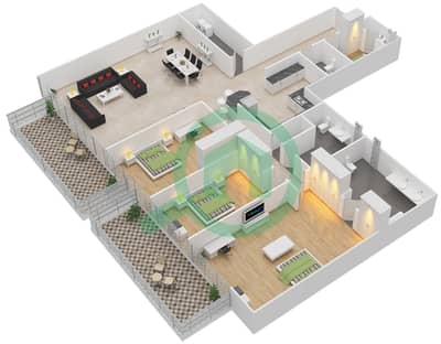 المخططات الطابقية لتصميم الوحدة 12 شقة 3 غرف نوم - برج ذا أونيكس 2