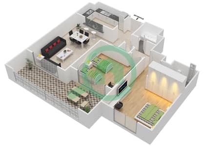 المخططات الطابقية لتصميم النموذج E-ANSAM 1 شقة 2 غرفة نوم - أنسام