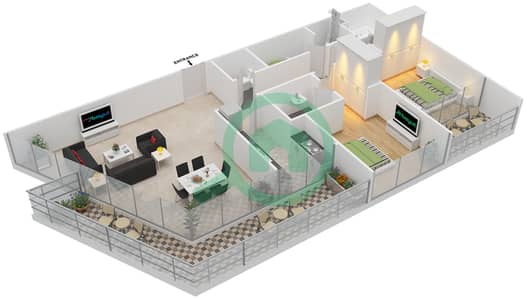 المخططات الطابقية لتصميم النموذج E شقة 2 غرفة نوم - سوهو سكوير