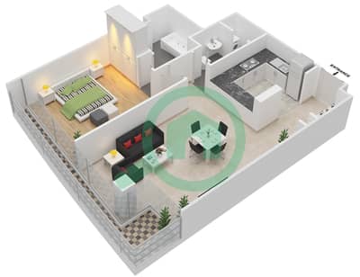 المخططات الطابقية لتصميم النموذج / الوحدة 1C/615 شقة 1 غرفة نوم - البرزة