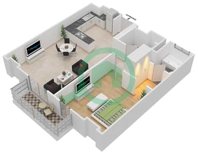 المخططات الطابقية لتصميم النموذج / الوحدة 1B/308 شقة 1 غرفة نوم - البرزة