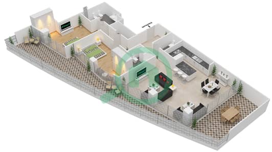 المخططات الطابقية لتصميم النموذج / الوحدة 2C/101 شقة 2 غرفة نوم - البرزة