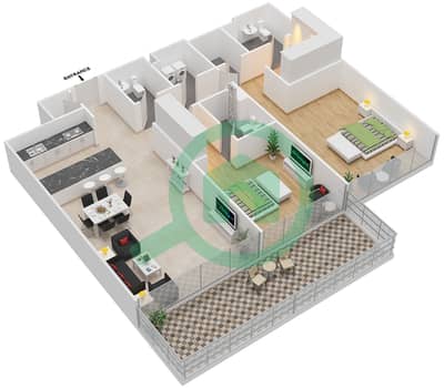المخططات الطابقية لتصميم الوحدة 3 FLOOR 1 شقة 2 غرفة نوم - مساكن سيرينيا الجناح الغربي