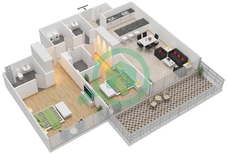 المخططات الطابقية لتصميم الوحدة 4 FLOOR 1 شقة 2 غرفة نوم - مساكن سيرينيا الجناح الغربي