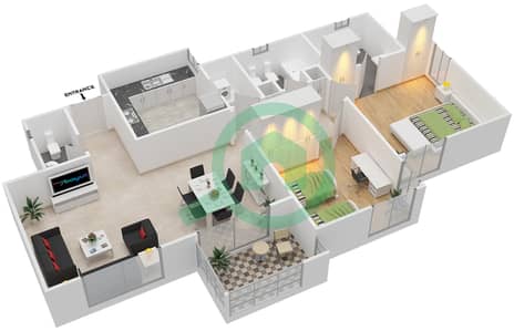 المخططات الطابقية لتصميم النموذج 2A شقة 2 غرفة نوم - الثمام 15