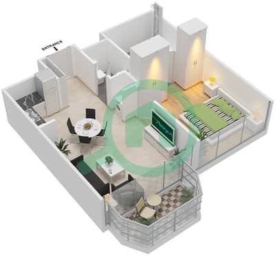 المخططات الطابقية لتصميم النموذج T2-1A شقة 1 غرفة نوم - العنوان هاربر بوينت خور دبي